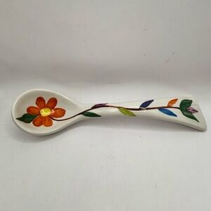 Hand-Painted Floral Ceramic Decorative Spoon - Orange Flower 7.5” long